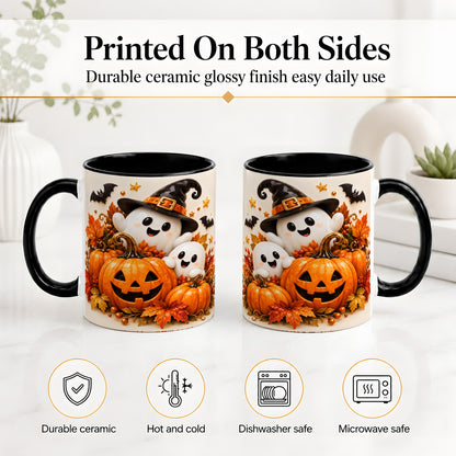 #pl[11oz|Black] Halloween Ghosts Ceramic Mug, Pumpkin Witch Hat Autumn Artwork