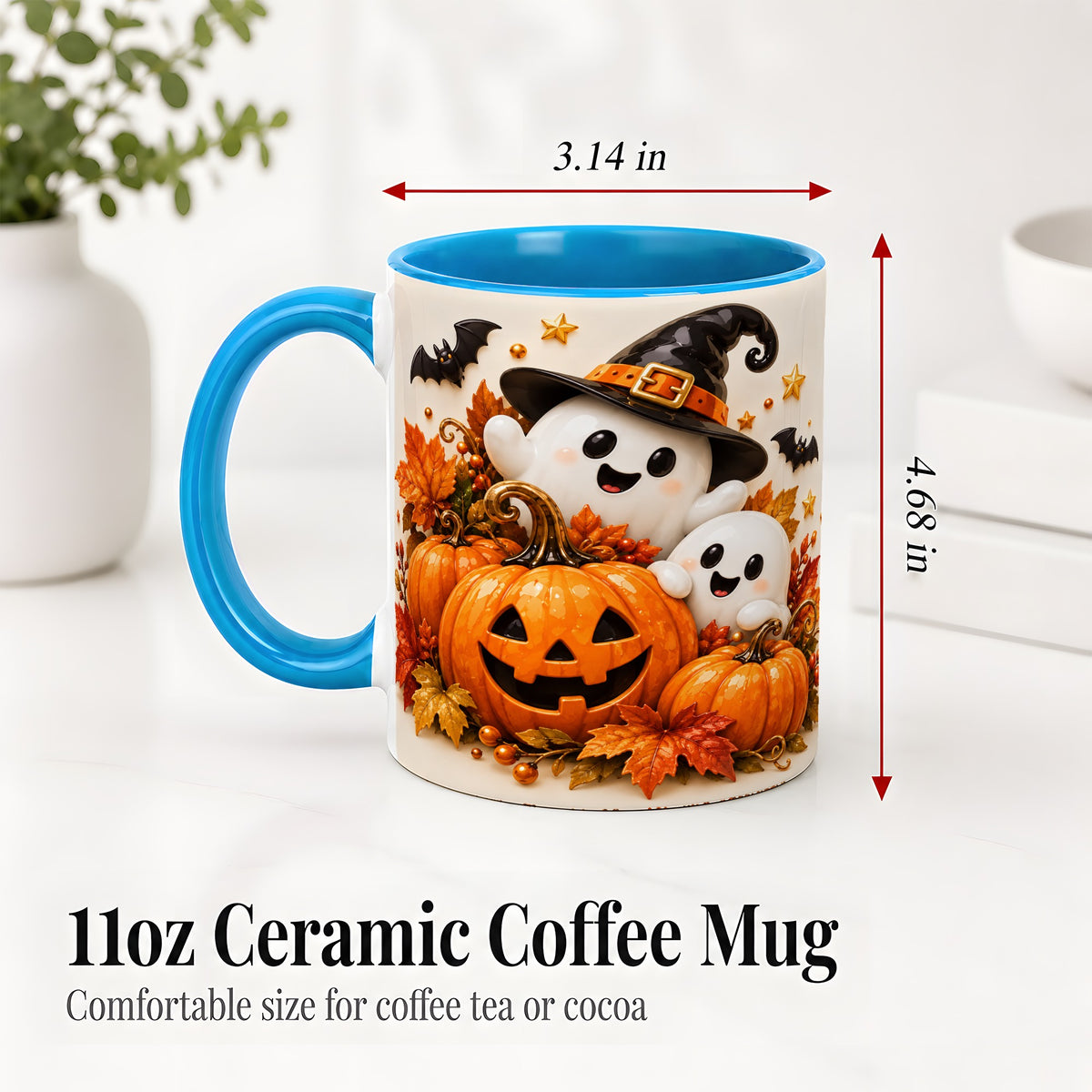 #pl[11oz|Blue] Halloween Ghosts Ceramic Mug, Pumpkin Witch Hat Autumn Artwork