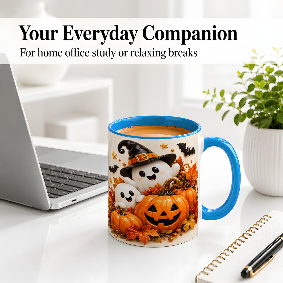 #pl[11oz|Blue] Halloween Ghosts Ceramic Mug, Pumpkin Witch Hat Autumn Artwork