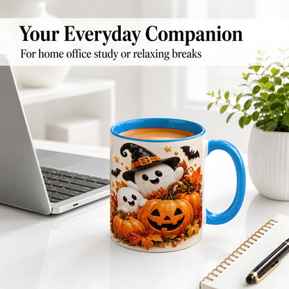 #pl[11oz|Blue] Halloween Ghosts Ceramic Mug, Pumpkin Witch Hat Autumn Artwork