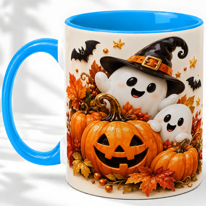 #pl[11oz|Blue] Halloween Ghosts Ceramic Mug, Pumpkin Witch Hat Autumn Artwork