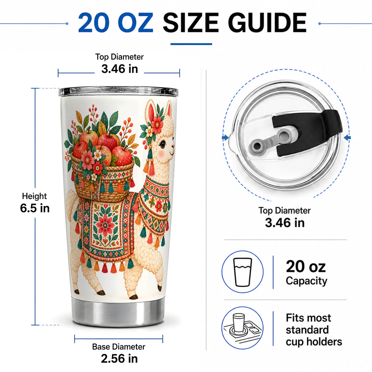 #pl[20oz|Steel] Floral Llama 20oz Tumbler with Apples and Folk Pattern Artwork