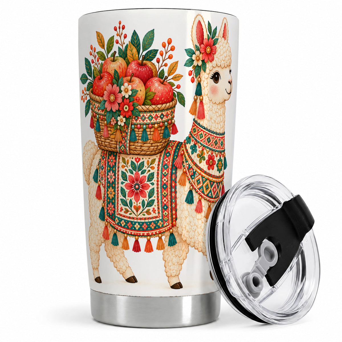#pl[20oz|Steel] Floral Llama 20oz Tumbler with Apples and Folk Pattern Artwork
