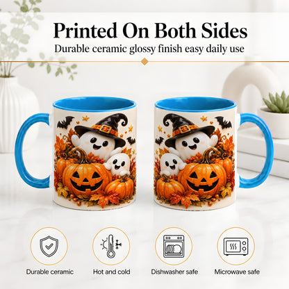 #pl[11oz|Blue] Halloween Ghosts Ceramic Mug, Pumpkin Witch Hat Autumn Artwork