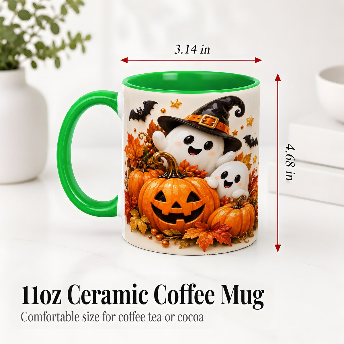 #pl[11oz|Green] Halloween Ghosts Ceramic Mug, Pumpkin Witch Hat Autumn Artwork