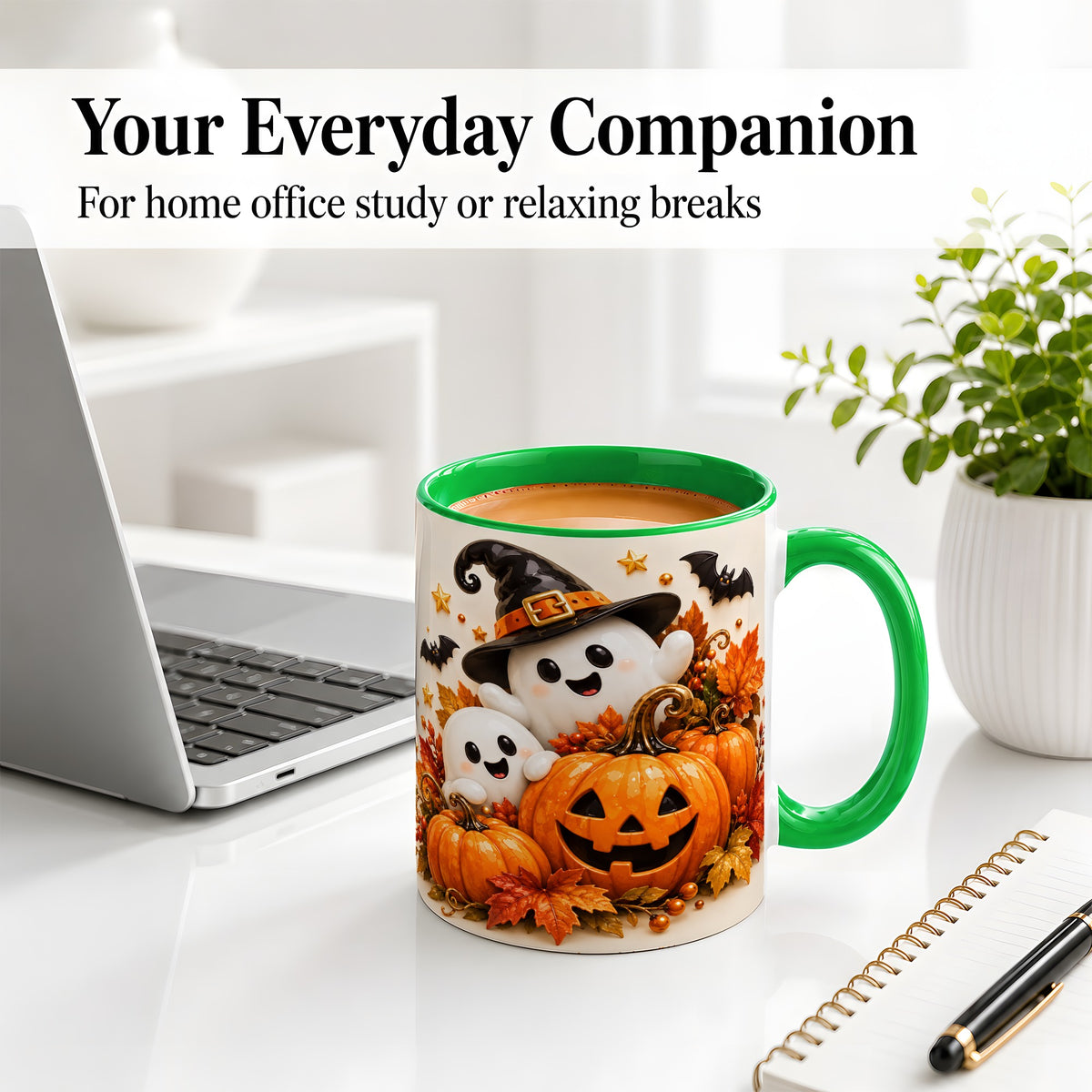 #pl[11oz|Green] Halloween Ghosts Ceramic Mug, Pumpkin Witch Hat Autumn Artwork