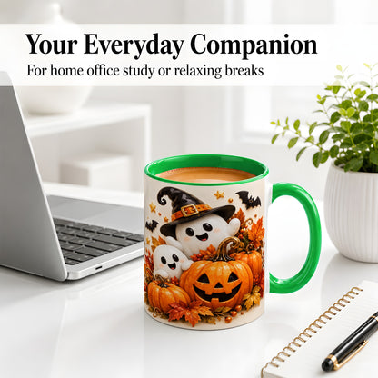#pl[11oz|Green] Halloween Ghosts Ceramic Mug, Pumpkin Witch Hat Autumn Artwork