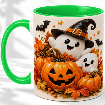 #pl[11oz|Green] Halloween Ghosts Ceramic Mug, Pumpkin Witch Hat Autumn Artwork