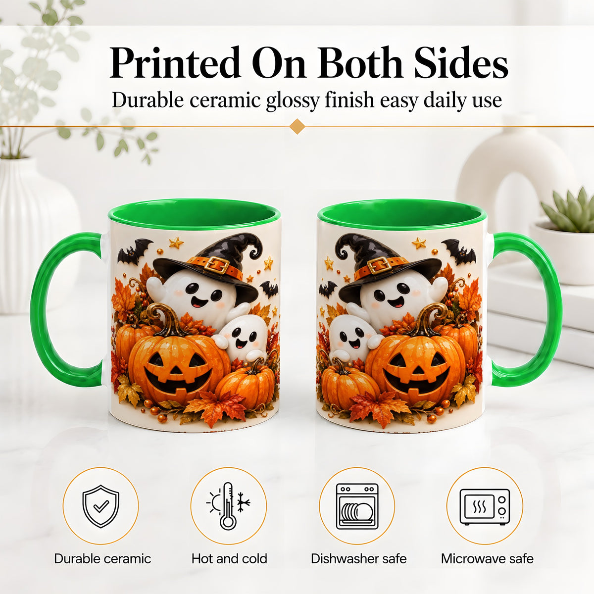 #pl[11oz|Green] Halloween Ghosts Ceramic Mug, Pumpkin Witch Hat Autumn Artwork