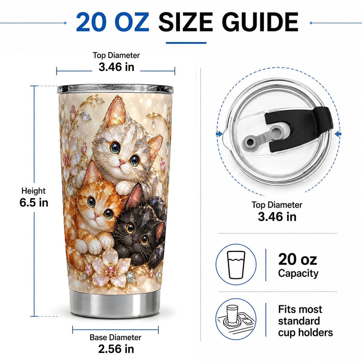 #pl[20oz|Steel] Jeweled Cat Floral 20oz Tumbler with Three Cats and Flowers