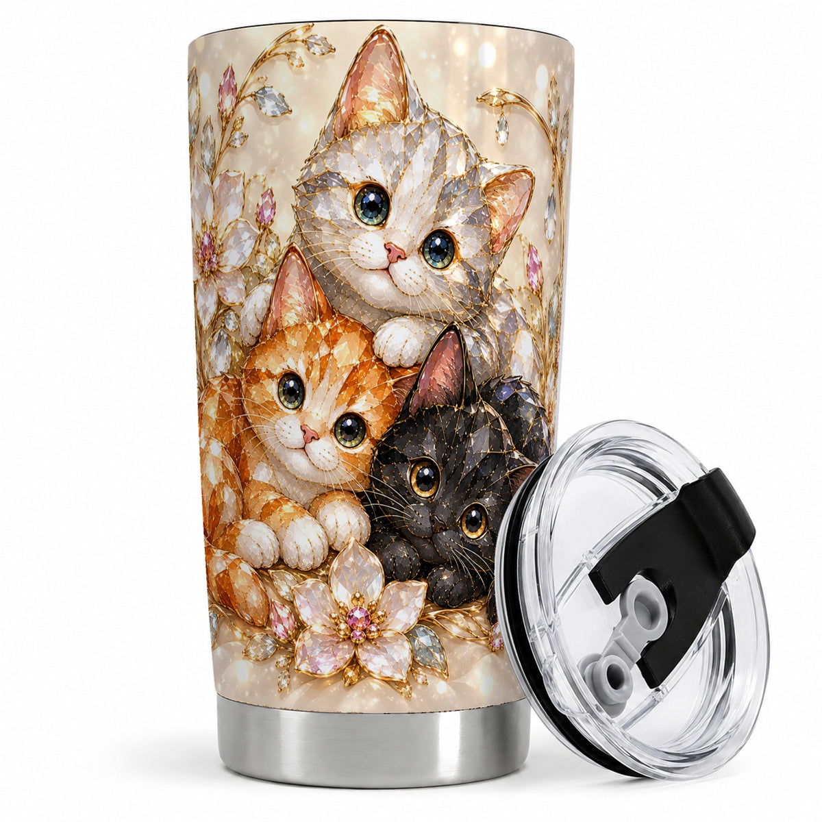 #pl[20oz|Steel] Jeweled Cat Floral 20oz Tumbler with Three Cats and Flowers