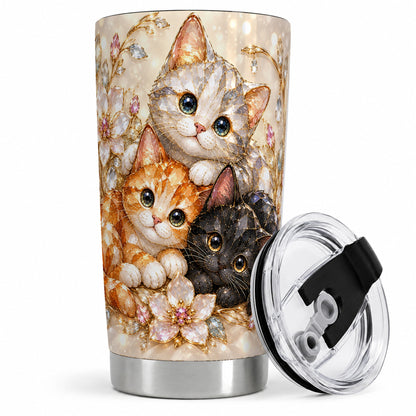 #pl[20oz|Steel] Jeweled Cat Floral 20oz Tumbler with Three Cats and Flowers
