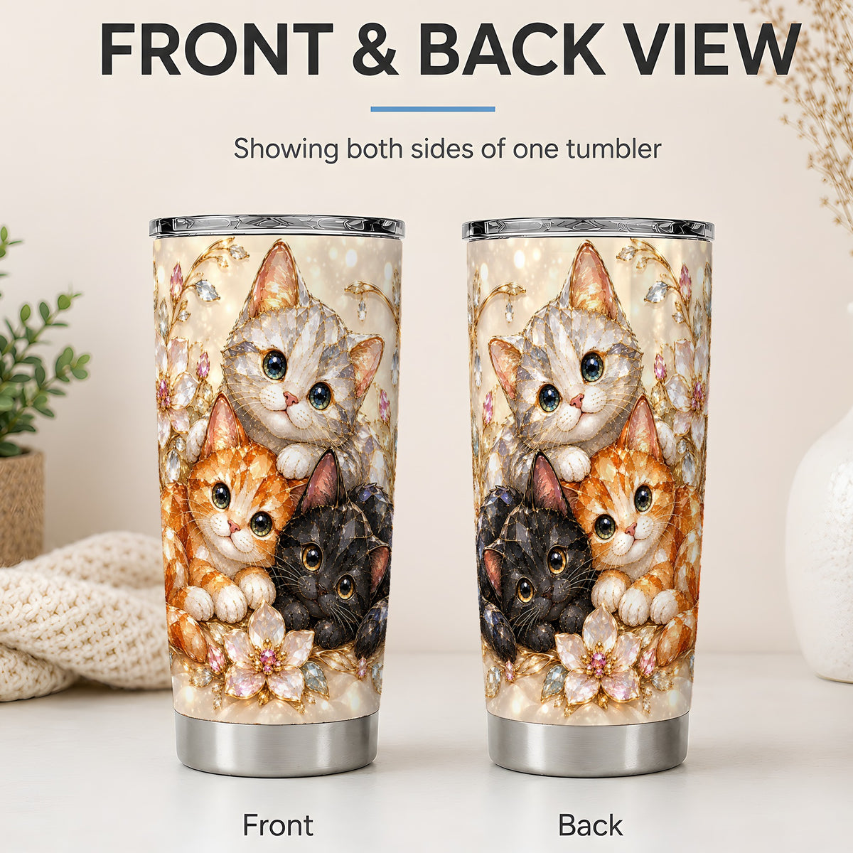 #pl[20oz|Steel] Jeweled Cat Floral 20oz Tumbler with Three Cats and Flowers