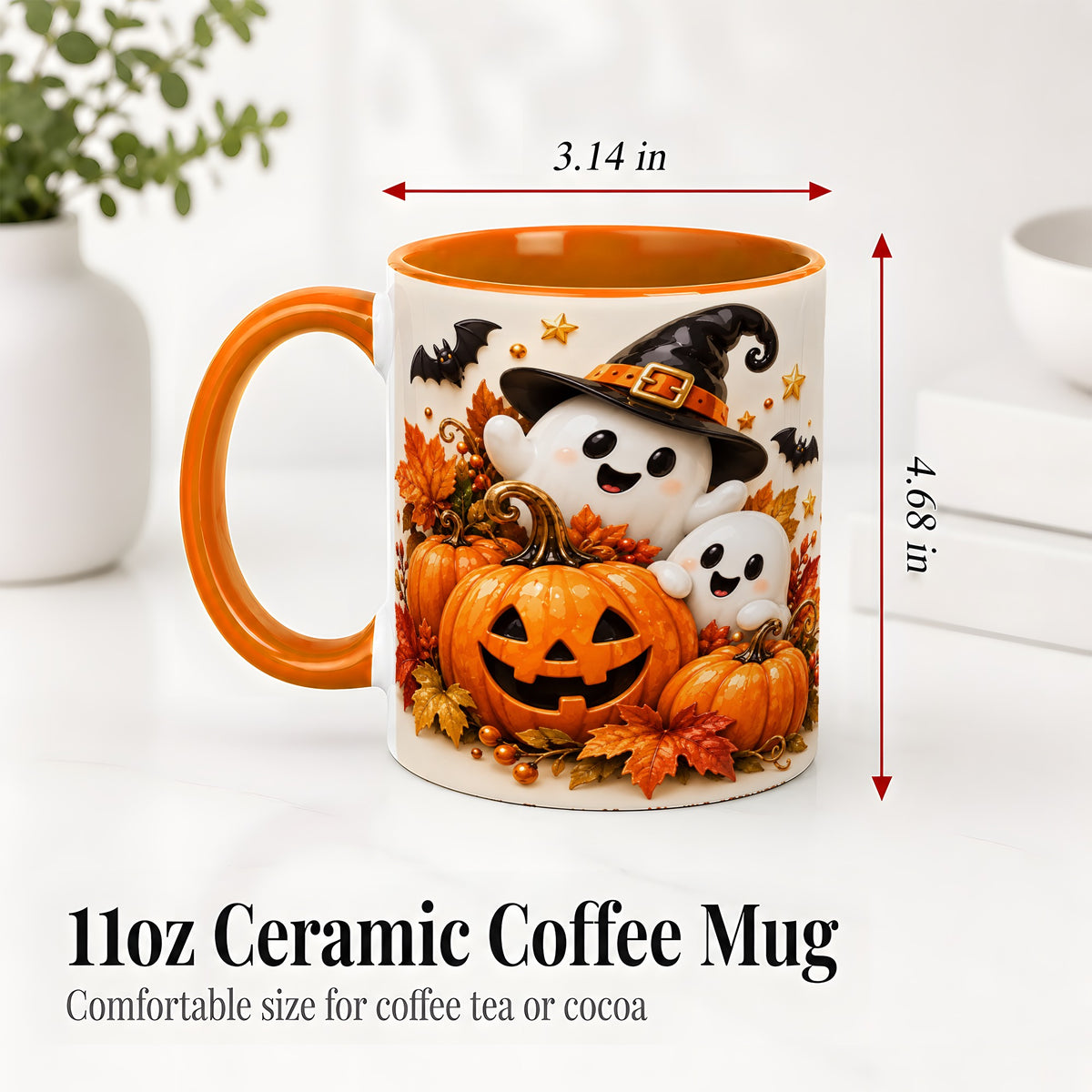 #pl[11oz|Orange] Halloween Ghosts Ceramic Mug, Pumpkin Witch Hat Autumn Artwork