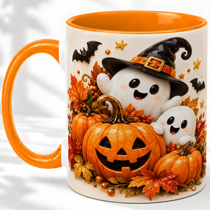 #pl[11oz|Orange] Halloween Ghosts Ceramic Mug, Pumpkin Witch Hat Autumn Artwork