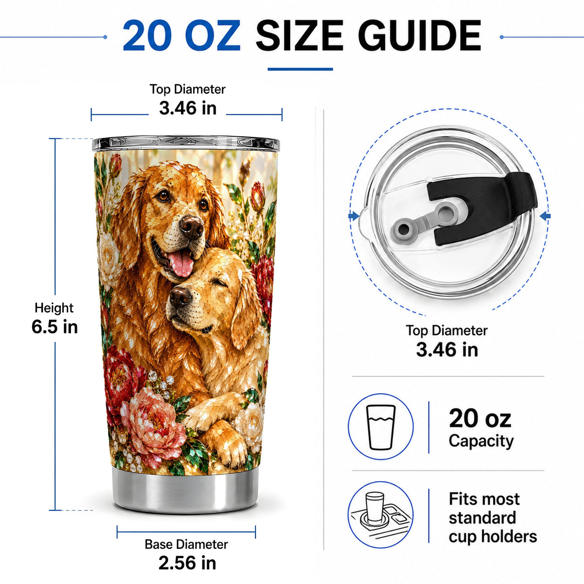 #pl[20oz|Steel] Golden Retriever Floral 20oz Tumbler with Two Dogs and Roses