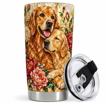 #pl[20oz|Steel] Golden Retriever Floral 20oz Tumbler with Two Dogs and Roses