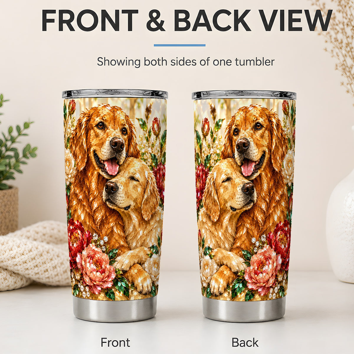 #pl[20oz|Steel] Golden Retriever Floral 20oz Tumbler with Two Dogs and Roses