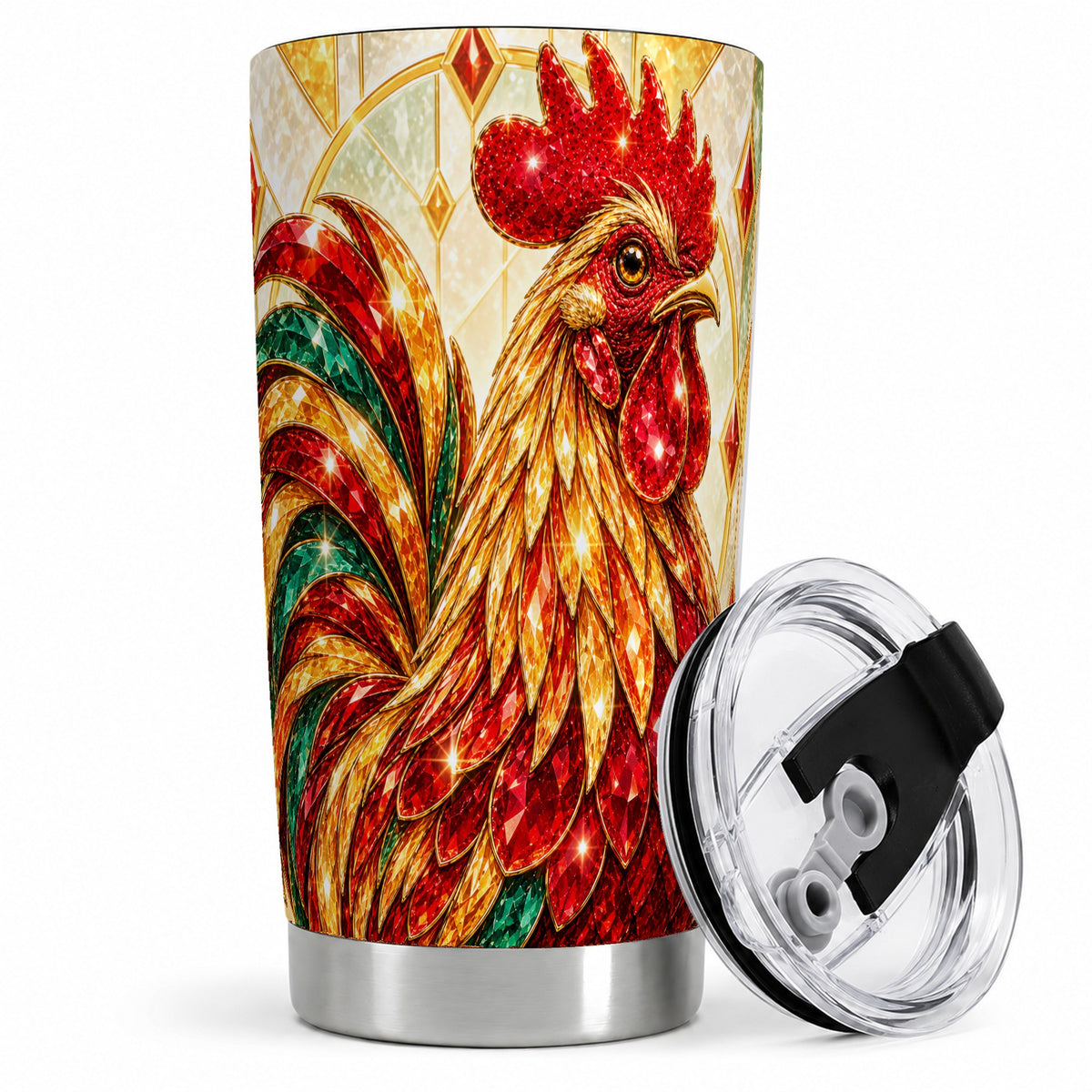 #pl[20oz|Steel] Stained Glass Rooster 20oz Tumbler with Red Green and Gold Artwork