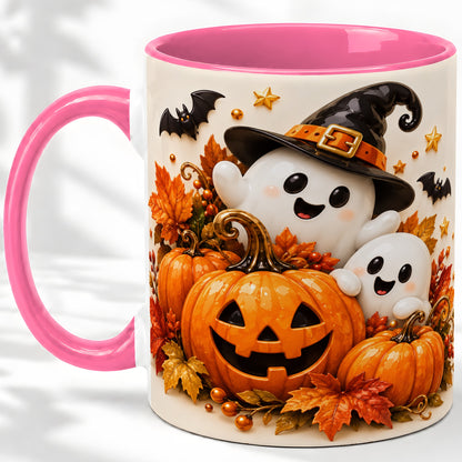 #pl[11oz|Pink] Halloween Ghosts Ceramic Mug, Pumpkin Witch Hat Autumn Artwork