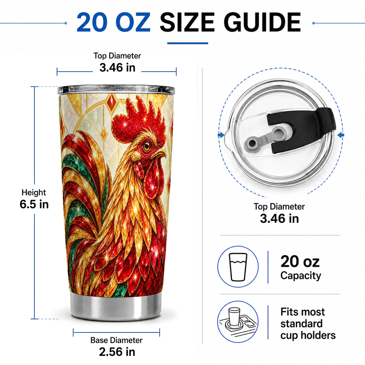 #pl[20oz|Steel] Stained Glass Rooster 20oz Tumbler with Red Green and Gold Artwork