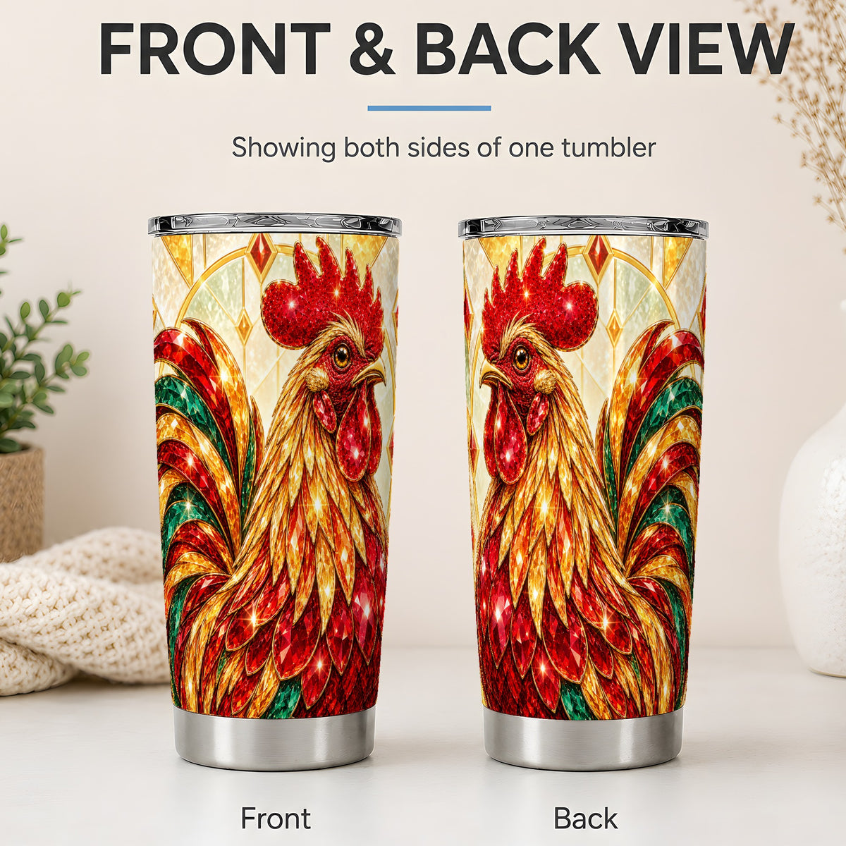#pl[20oz|Steel] Stained Glass Rooster 20oz Tumbler with Red Green and Gold Artwork