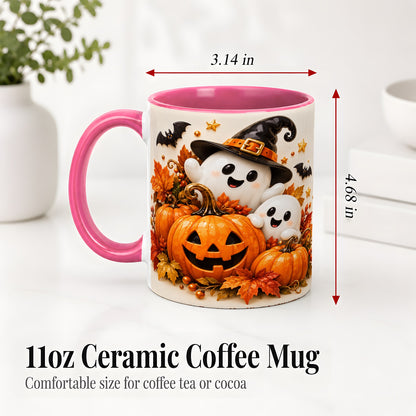 #pl[11oz|Pink] Halloween Ghosts Ceramic Mug, Pumpkin Witch Hat Autumn Artwork