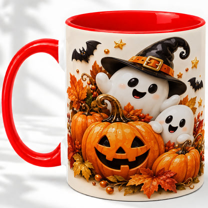 Halloween Ghosts Ceramic Mug, Pumpkin Witch Hat Autumn Artwork