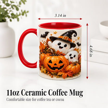 #pl[11oz|Red] Halloween Ghosts Ceramic Mug, Pumpkin Witch Hat Autumn Artwork