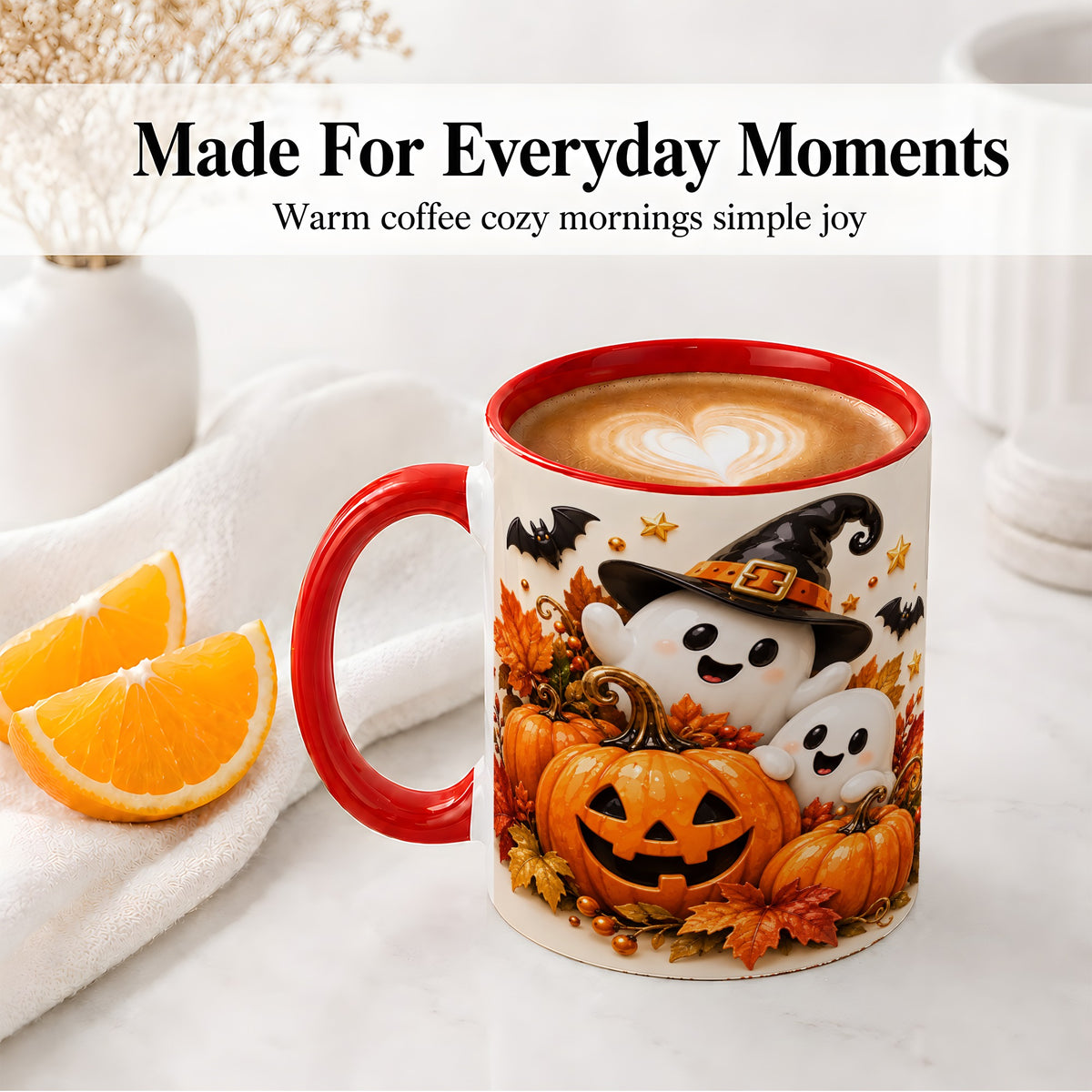 #pl[11oz|Red] Halloween Ghosts Ceramic Mug, Pumpkin Witch Hat Autumn Artwork