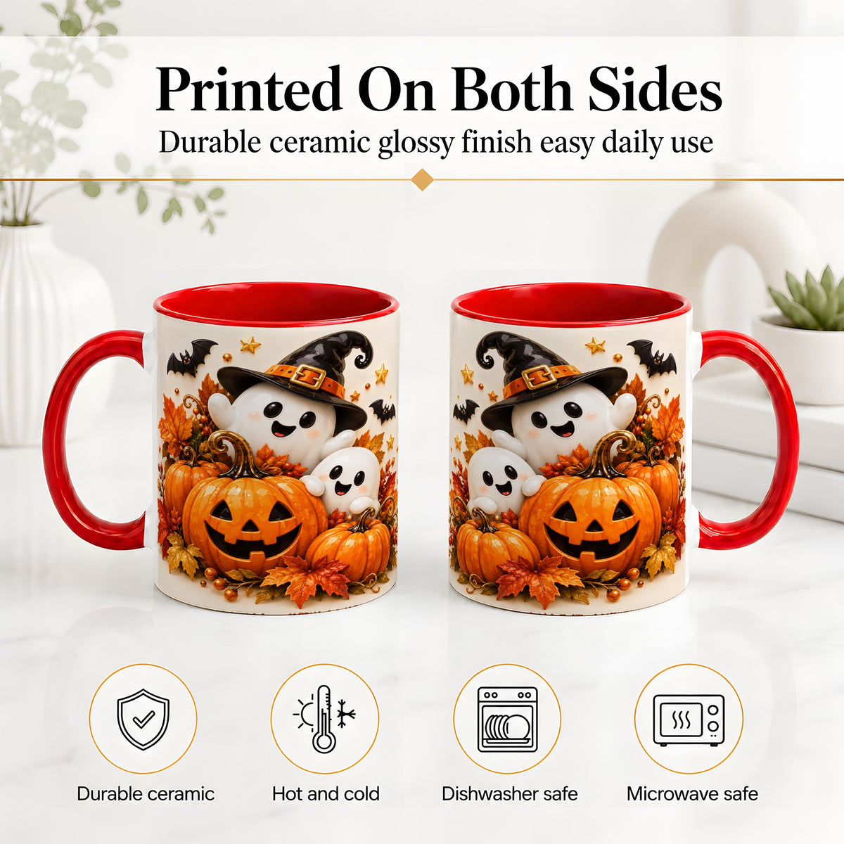 #pl[11oz|Red] Halloween Ghosts Ceramic Mug, Pumpkin Witch Hat Autumn Artwork
