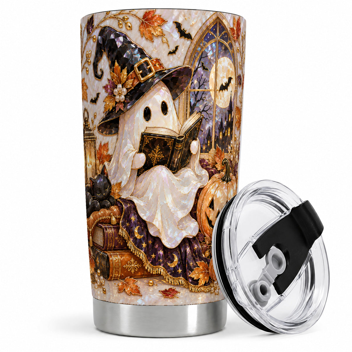 #pl[20oz|Steel] Halloween Ghost Tumbler 20oz, Witchy Book Reading Art for Book Lovers