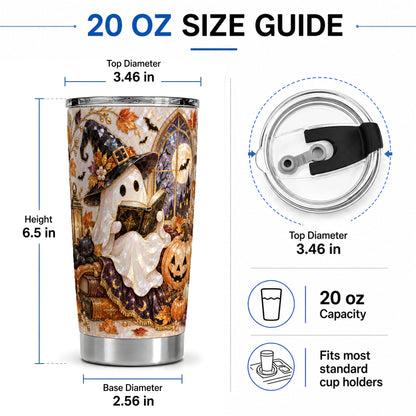#pl[20oz|Steel] Halloween Ghost Tumbler 20oz, Witchy Book Reading Art for Book Lovers