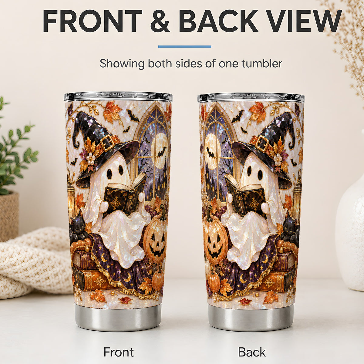 #pl[20oz|Steel] Halloween Ghost Tumbler 20oz, Witchy Book Reading Art for Book Lovers