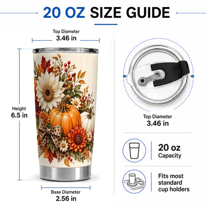 #pl[20oz|Steel] Autumn Pumpkin Tumbler 20oz, Sunflower Leopard Bow Seasonal Artwork