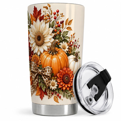 #pl[20oz|Steel] Autumn Pumpkin Tumbler 20oz, Sunflower Leopard Bow Seasonal Artwork