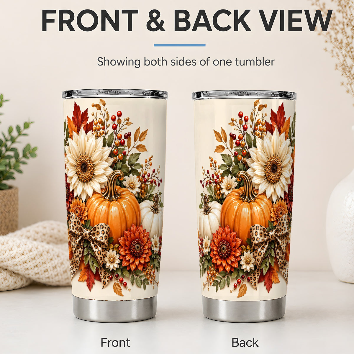 #pl[20oz|Steel] Autumn Pumpkin Tumbler 20oz, Sunflower Leopard Bow Seasonal Artwork