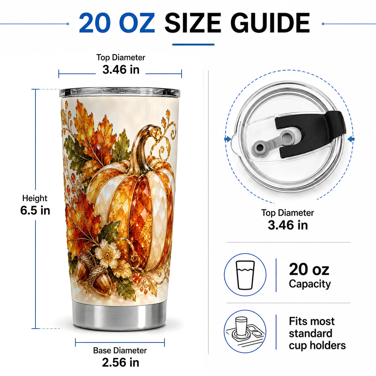#pl[20oz|Steel] Jeweled Pumpkin Tumbler 20oz, Maple Leaf and Acorn Autumn Artwork