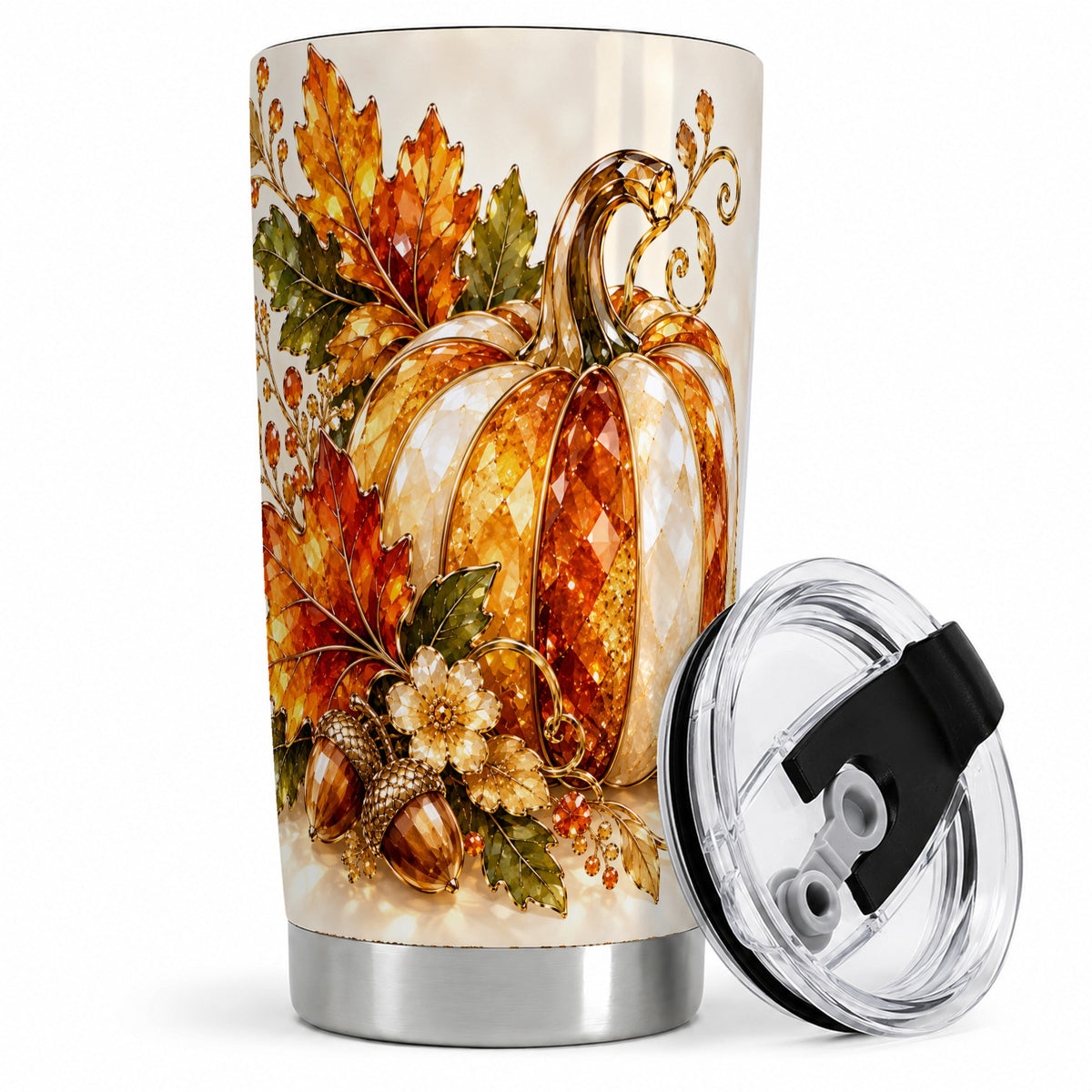 #pl[20oz|Steel] Jeweled Pumpkin Tumbler 20oz, Maple Leaf and Acorn Autumn Artwork