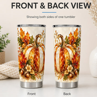 #pl[20oz|Steel] Jeweled Pumpkin Tumbler 20oz, Maple Leaf and Acorn Autumn Artwork