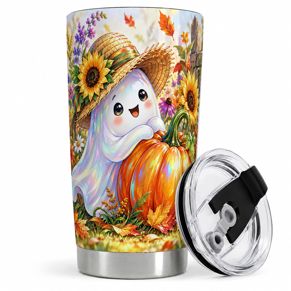 #pl[20oz|Steel] Autumn Ghost Tumbler 20oz, Pumpkin Sunflower Garden Seasonal Artwork