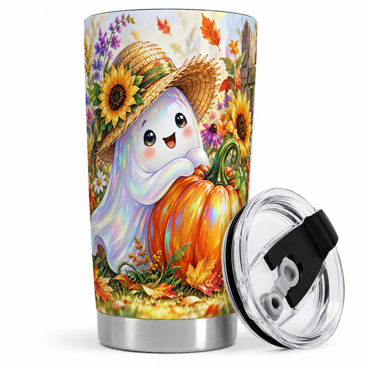 #pl[20oz|Steel] Autumn Ghost Tumbler 20oz, Pumpkin Sunflower Garden Seasonal Artwork