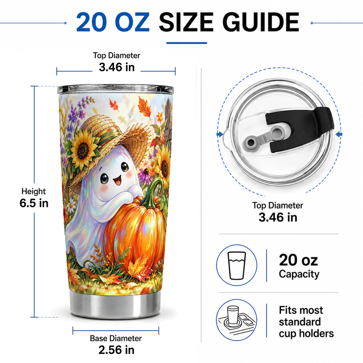 #pl[20oz|Steel] Autumn Ghost Tumbler 20oz, Pumpkin Sunflower Garden Seasonal Artwork