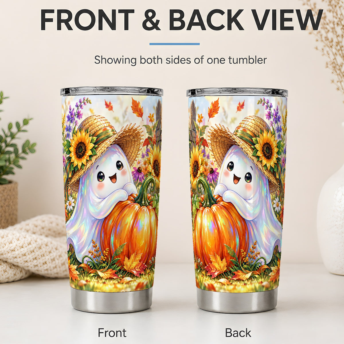 #pl[20oz|Steel] Autumn Ghost Tumbler 20oz, Pumpkin Sunflower Garden Seasonal Artwork