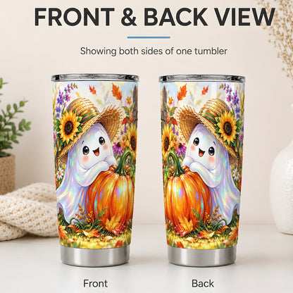 #pl[20oz|Steel] Autumn Ghost Tumbler 20oz, Pumpkin Sunflower Garden Seasonal Artwork