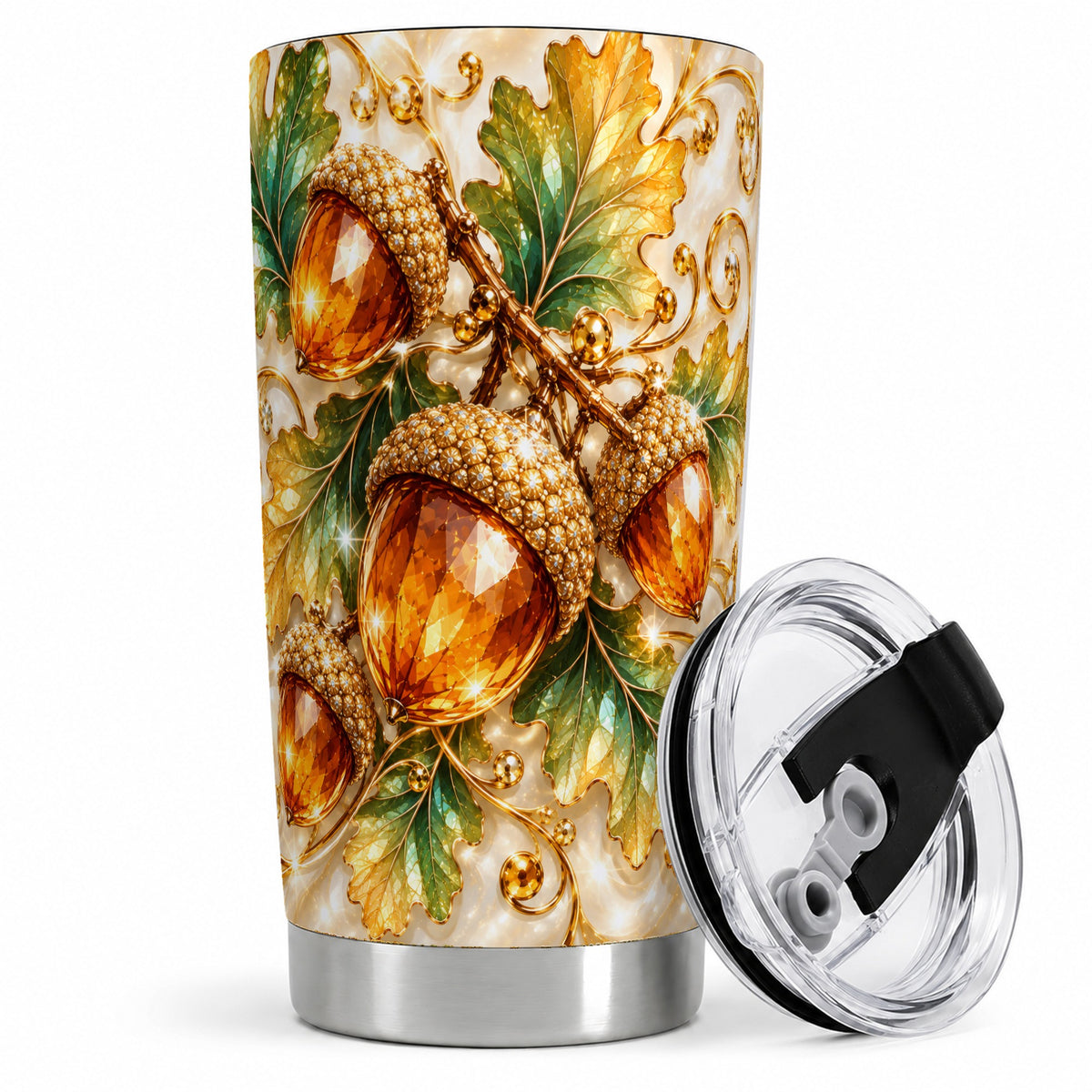 #pl[20oz|Steel] Jeweled Acorn Tumbler 20oz, Oak Leaf Botanical Autumn Nature Artwork