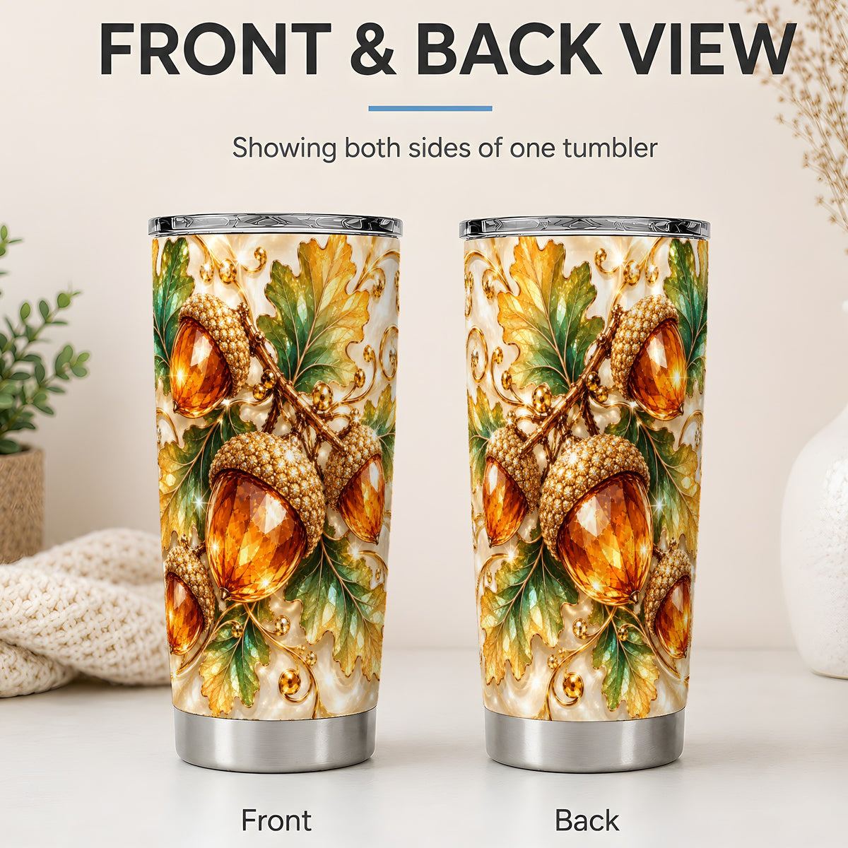 #pl[20oz|Steel] Jeweled Acorn Tumbler 20oz, Oak Leaf Botanical Autumn Nature Artwork