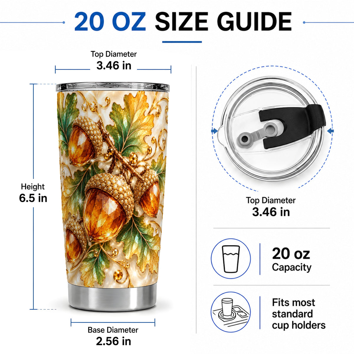 #pl[20oz|Steel] Jeweled Acorn Tumbler 20oz, Oak Leaf Botanical Autumn Nature Artwork