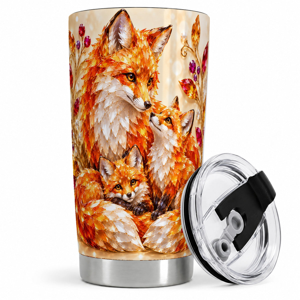 #pl[20oz|Steel] Autumn Fox Tumbler 20oz, Fox Family Jewel Leaf Woodland Nature Artwork
