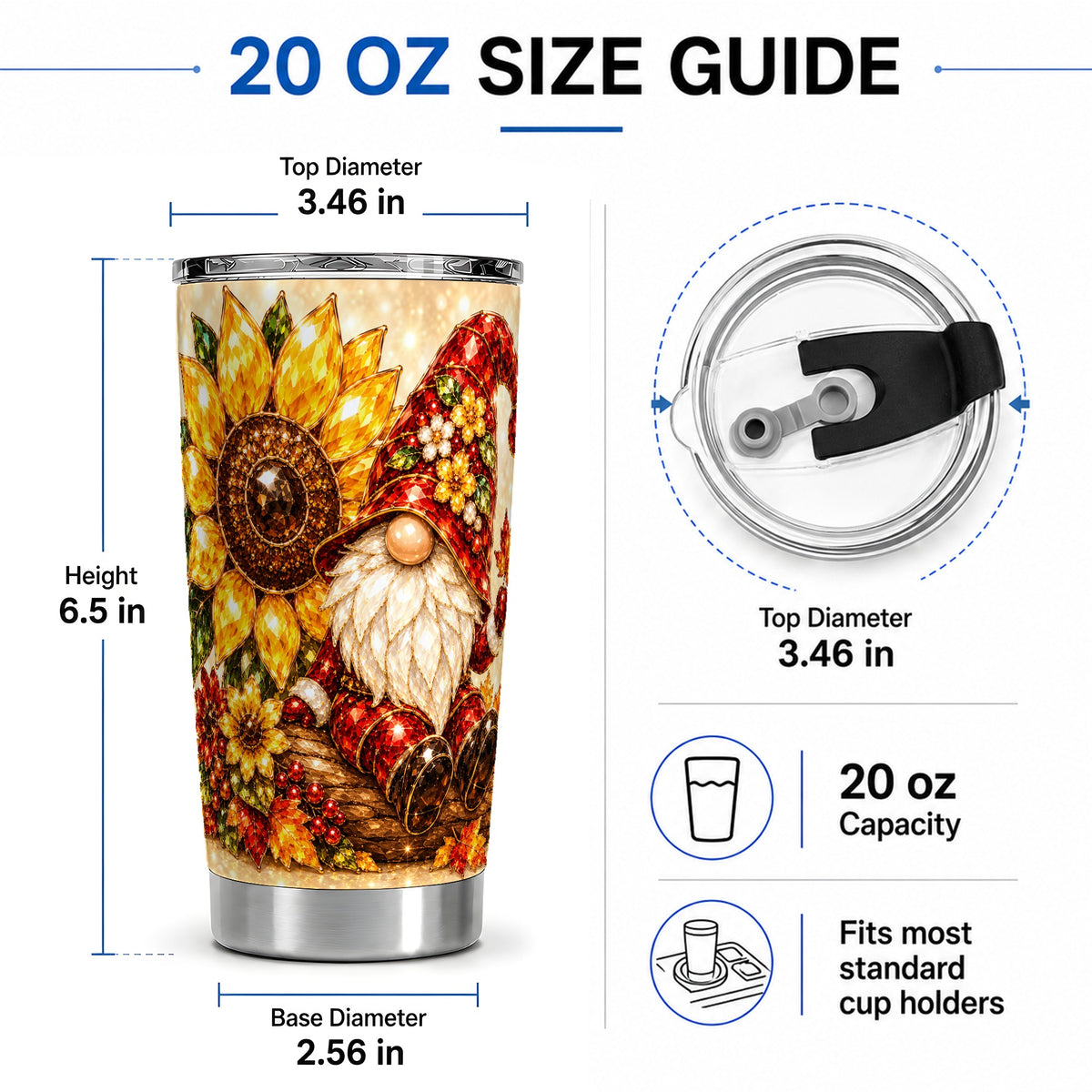 #pl[20oz|Steel] Autumn Gnome Tumbler 20oz, Sunflower Maple Leaf Fall Garden Artwork